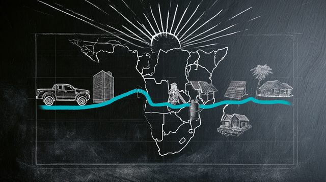 Chalk drawing of the plan to grow: a map of southern Africa on a planning board with one cyan route running through it, past a bakkie, an office tower, a mine headframe, a gas cylinder, solar panels, a thatched lodge and a house, with a rising sun and its rays above.