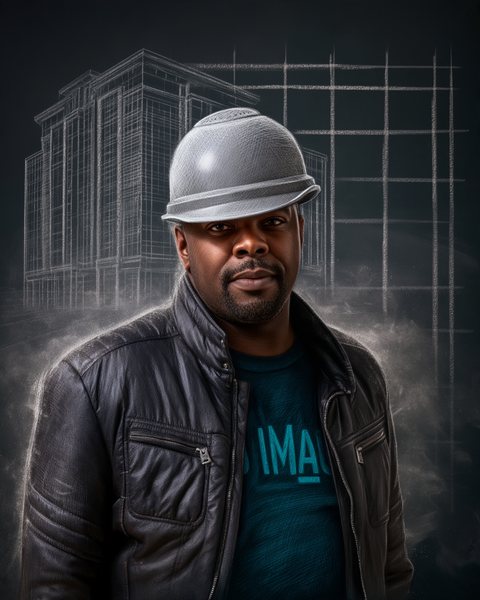 Chalk drawing of Tandwa Ngomane, Chief Intrapreneur Officer of Aníkúlápó Services, in a hard hat and leather jacket, with the chalk outline of an office building and a drafting grid behind him