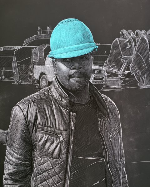 Chalk drawing of Tandwa Ngomane, founder and Chief Intrapreneur Officer of Aníkúlápó Services, in a cyan hard hat, with a bakkie and earthmoving machinery sketched behind him
