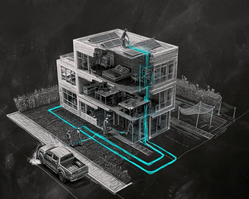 Chalk drawing of one three-storey building cut open to show every level at work: solar panels being washed on the roof, a bedroom being made up, an office being vacuumed and an entrance hall being scrubbed, with a lawn, a pool net and a bakkie being washed outside. A single cyan line runs through every level.