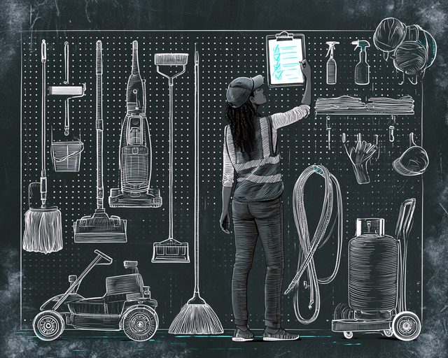 Chalk drawing of a woman supervisor in a hi-vis vest and cap taking a clipboard down from a pegboard wall hung with a mop, vacuum cleaner, floor scrubber, lawn mower, hose, broom and a gas cylinder on a trolley. The ticks on the clipboard are drawn in cyan.