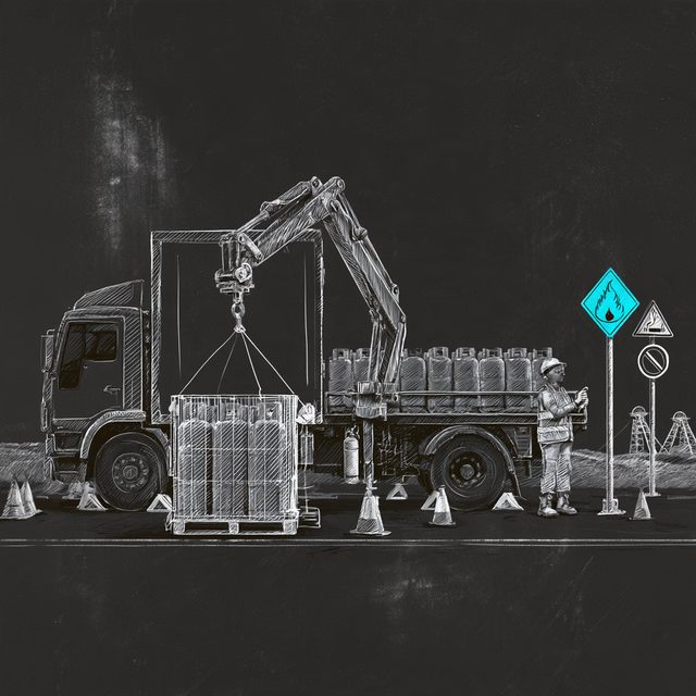 Chalk drawing of a delivery truck parked at the roadside, its hydraulic loader arm lowering a caged pallet of LPG gas cylinders to the ground, more cylinders on the truck bed, traffic cones and wheel chocks around it, a worker in a hard hat and hi-vis vest beside two warning signs, and mine headframes on the horizon. The flame symbol on the hazard sign is drawn in cyan.