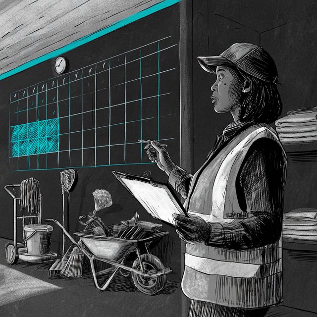 Chalk drawing of a woman supervisor in a cap and hi-vis vest holding a clipboard and pointing with a pen at a large wall planner, with a cleaning trolley and mop bucket, a wheelbarrow with garden tools, a broom and folded towels on a shelf behind her. The planner's grid lines and block of ticks are drawn in cyan.