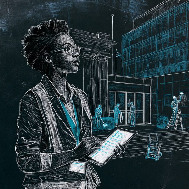 Chalk drawing of a woman with round glasses, in a blazer and hi-vis vest with a name tag, holding a tablet with a checklist in front of a government building with columns and a glass office block, while the team works behind her: cleaners at the glass doors, a groundskeeper with a broom, a technician on a ladder at a wall light and a cleaning trolley on the steps. The ticks on the checklist are drawn in cyan.