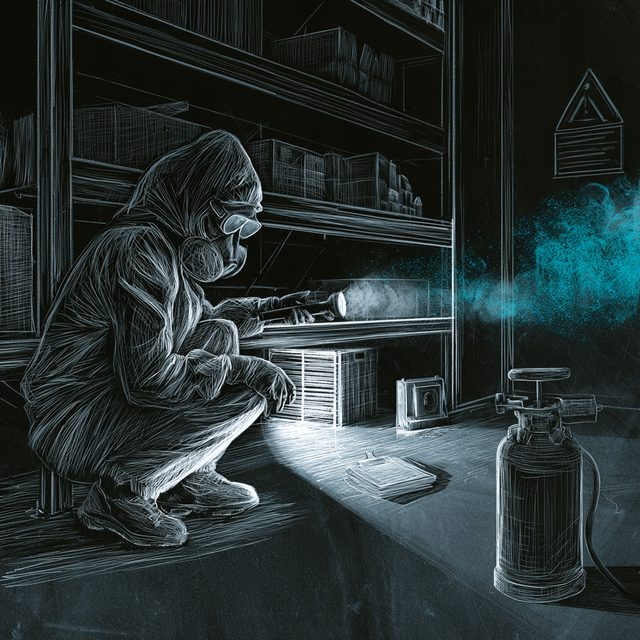Chalk drawing of a technician in a hooded protective suit, respirator mask and goggles crouching beside a storeroom shelving unit, lighting the gap under the bottom shelf with a torch, a pressure sprayer on the floor beside them and a hazard sign on the wall. The drifting spray mist is drawn in cyan.