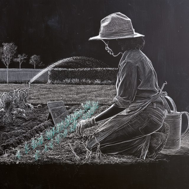 Chalk drawing of a woman in a sunhat and gloves kneeling in profile to plant seedlings in a vegetable and herb bed, with a tablet showing a landscape plan beside her, a watering can, a lawn with a sprinkler spraying an arc of water, a hedge and young trees behind. The seedlings are drawn in cyan.