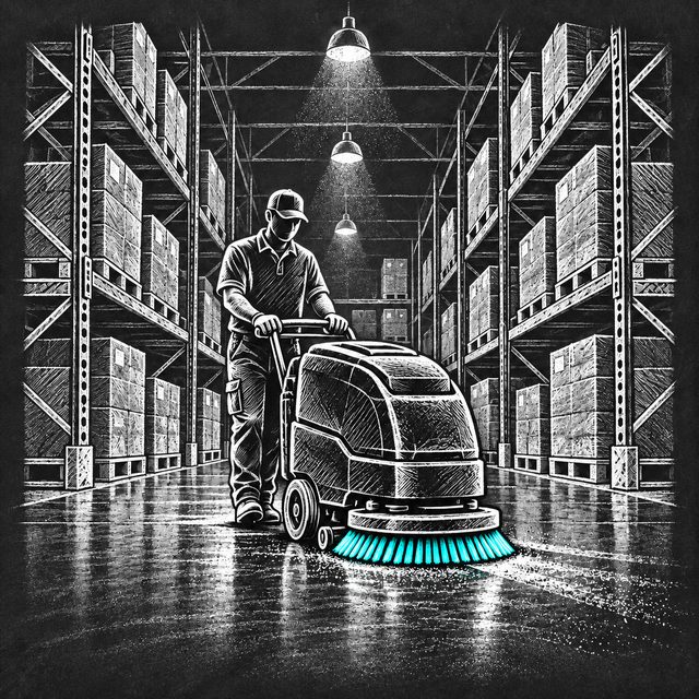 Chalk drawing of a worker in a cap pushing a walk-behind floor scrubber down a warehouse aisle between tall pallet racking, under hanging lamps. The scrubber's brush is drawn in cyan.
