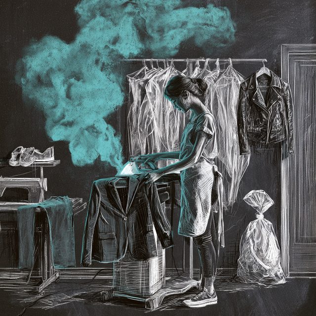 Chalk drawing of a woman in an apron pressing a tailored jacket on a steam press in a dry-cleaning workshop, with a rail of garments in clear covers, a leather jacket on a hanger, sneakers on a shelf, a sewing machine and a tied bag of finished laundry by the door. The rising steam is drawn in cyan.