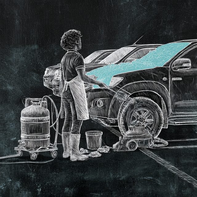 Chalk drawing of a woman with curly hair tied back, in a polo shirt, apron and rubber boots, washing a double-cab bakkie with a long-handled brush in a parking bay, with a portable water tank on a trolley, a bucket and wash mitts, a vacuum cleaner by the wheel and more vehicles parked behind. The soap foam on the bonnet and windscreen is drawn in cyan.