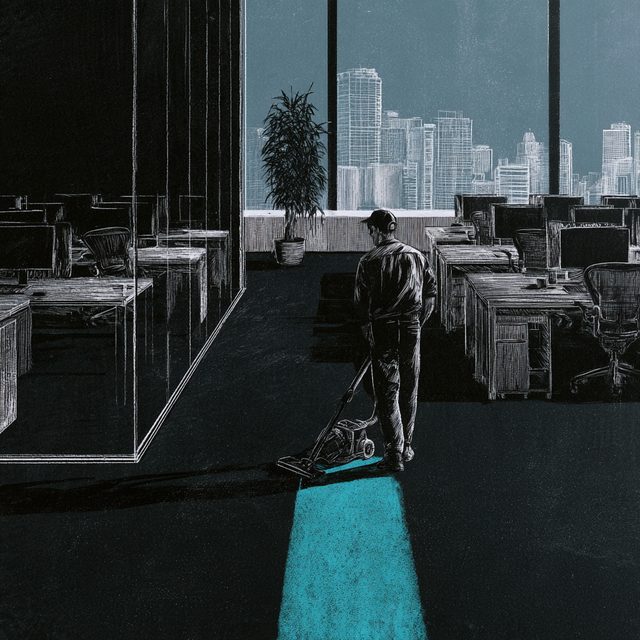 Chalk drawing of a cleaner in a cap, seen from behind, vacuuming an open-plan office between rows of desks, with a glass partition, a potted plant and a city skyline in the window. The clean stripe of carpet behind the vacuum cleaner is drawn in cyan.