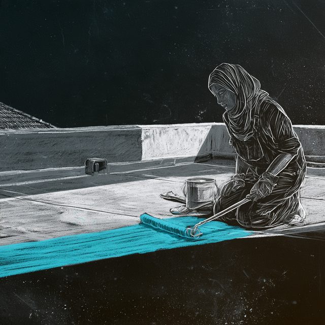 Chalk drawing of a woman in a headscarf, overalls and gloves kneeling on a flat concrete roof, rolling a waterproofing coat onto the slab with a long-handled roller, with a paint tin and brush beside her and a half-painted parapet wall behind. The fresh stripe of coat is drawn in cyan.