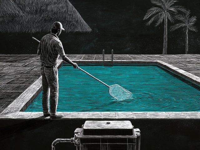Chalk drawing of a pool technician in a cap skimming a swimming pool with a leaf net, with a thatched lodge roof and palms behind and a pool pump in the foreground. The water is drawn in cyan.