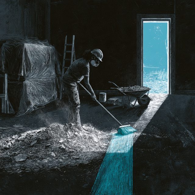Chalk drawing of a worker in a hard hat and dust mask sweeping a pile of plaster dust and rubble across a newly built room, with furniture covered in dust sheets, a stepladder, a wheelbarrow of debris and an open doorway to the garden. The broom and the clean strip of floor it leaves are drawn in cyan.