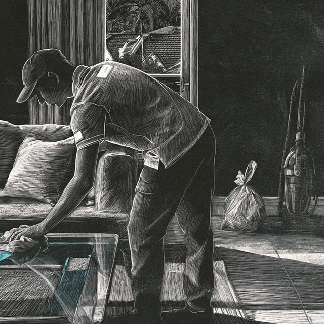 Chalk drawing of a cleaner in a cap and uniform polo shirt wiping a glass coffee table in a living room, with a sofa, a tied refuse bag, a vacuum cleaner and a window showing palm trees and estate roofs. The cloth and its streak across the glass are drawn in cyan.