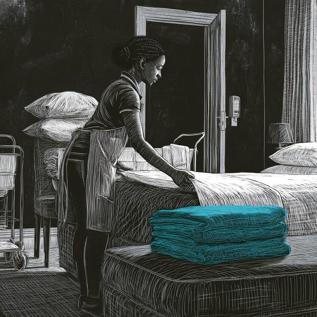 Chalk drawing of a woman with braids tied up, in a polo shirt and apron, pulling a fresh sheet over a double bed in a holiday-let bedroom, with pillows on a chair, a laundry trolley, a key lockbox by the open door and a bedside lamp. The stack of fresh towels on the bed is drawn in cyan.
