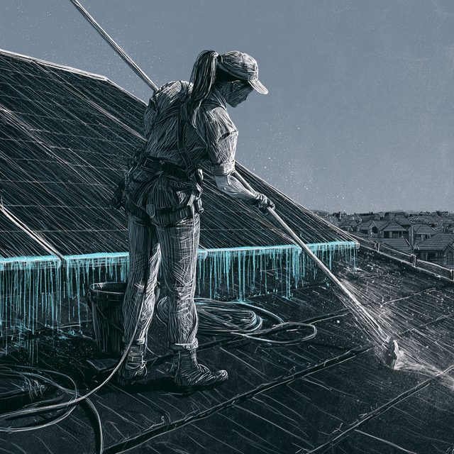 Chalk drawing of a woman with a ponytail, in a cap, gloves and a safety harness, standing on a pitched roof and washing a large array of solar panels with a long water-fed brush pole, with a coiled hose and a bucket beside her and suburban rooftops in the distance. The clean water running down the panels is drawn in cyan.
