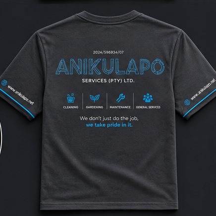 The back of the Aníkúlápó work shirt: dark grey with the cyan company mark and the registration number
